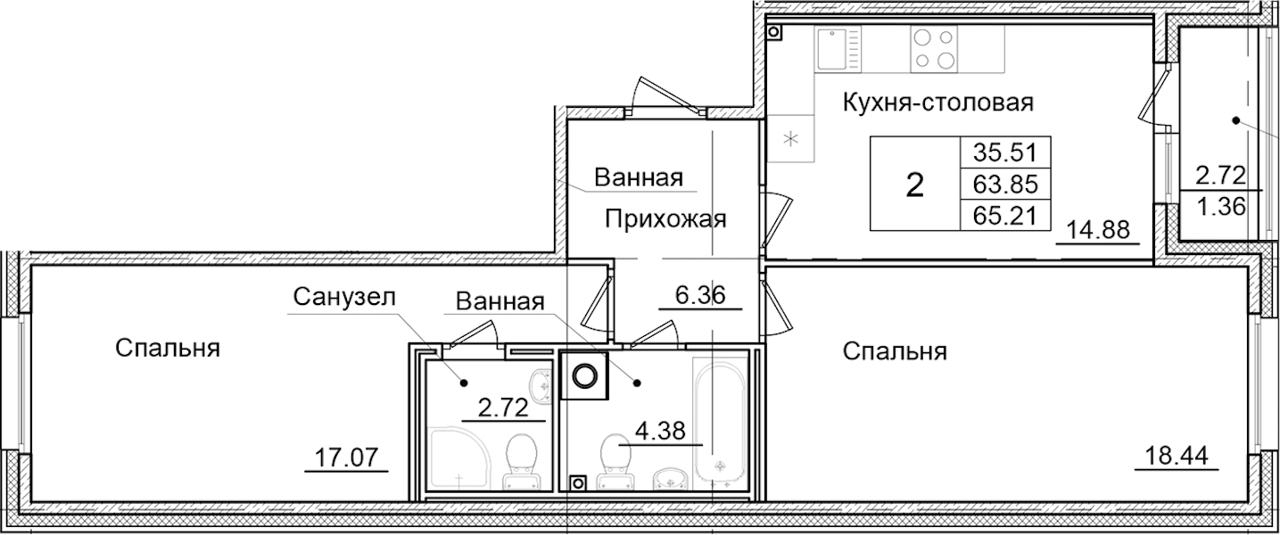 2-комнатная квартира 65.21 м², 2/9 эт., ЖК «Квартал Заречье»